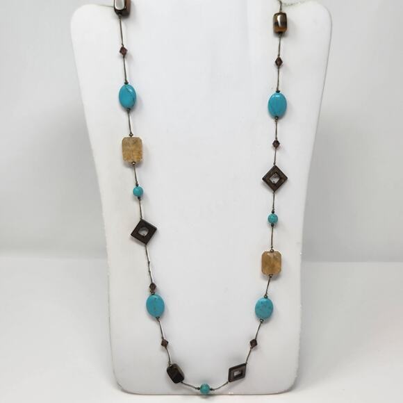 Premier Designs Promenade Tigers Eye Shell Faux Turquoise Long Necklace - Picture 1 of 7